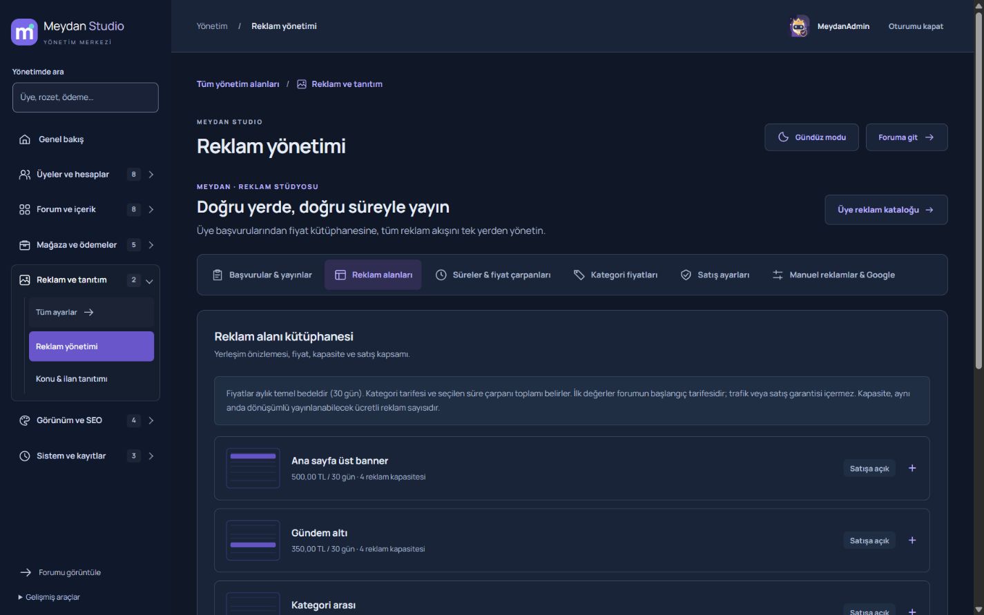 Reklam alanları, fiyatlandırma ve yayın takibi.