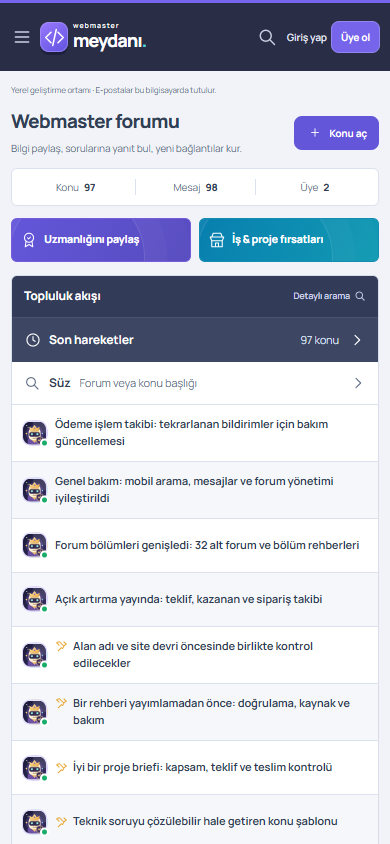 Kompakt mobil forum menüsü ve konu akışı